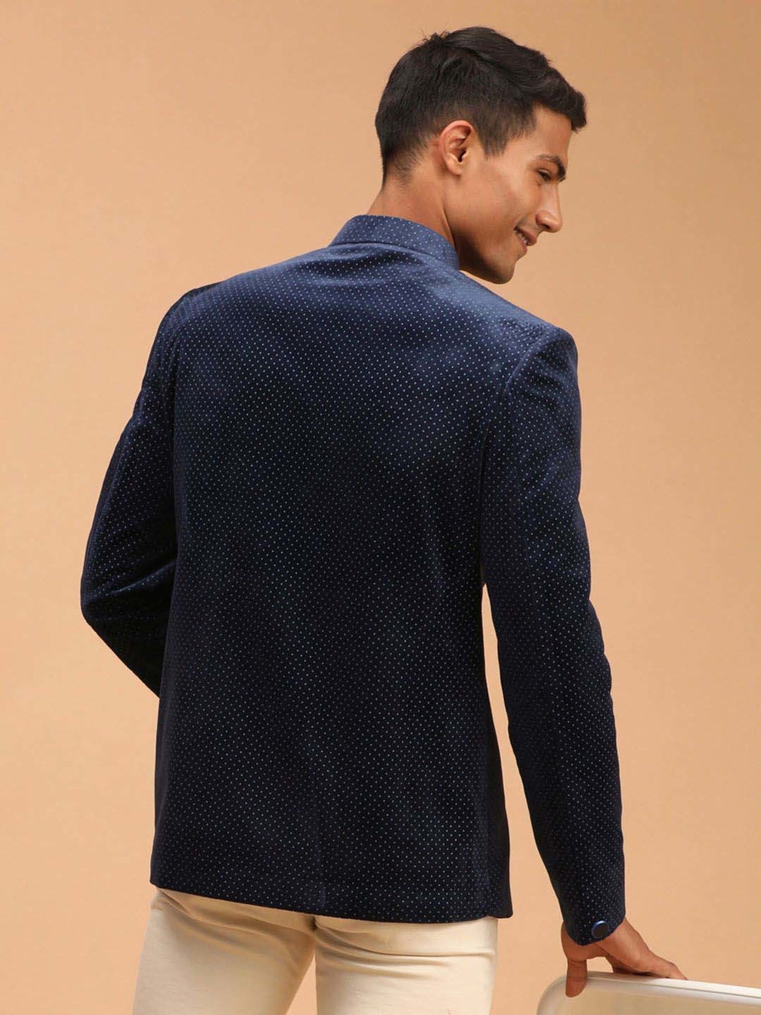 Vastramay Blue Regular Fit Printed Ethnic Blazer