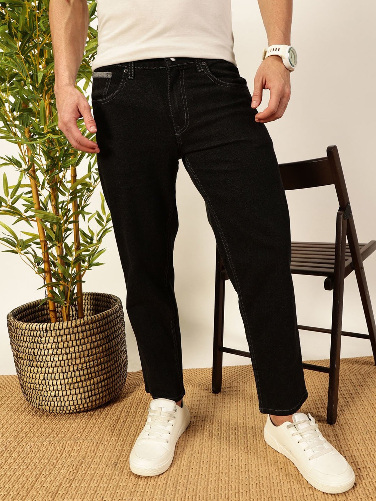 Thomas Scott Black Cotton Slim Tapered Solid Jeans