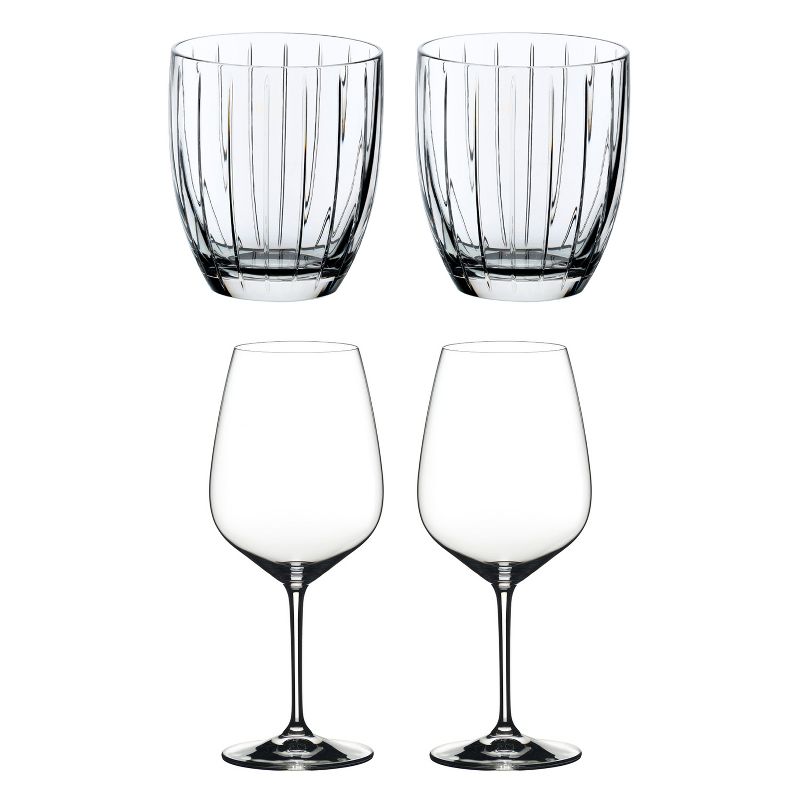 Riedel Sunshine Collection Crystal Whiskey Tumbler Glass and Heart to Heart Crystal Dishwasher Safe Cabernet Red Wine Glass, Set of 4
