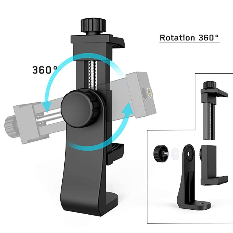 Phone Tripod Mount Adapter with Bluetooth Camera Remote Cell Phone Holder with Adjustable Clamp for Selfie Stick Monopod Compatible with iPhone Samsung and so on Wrist Strap Included