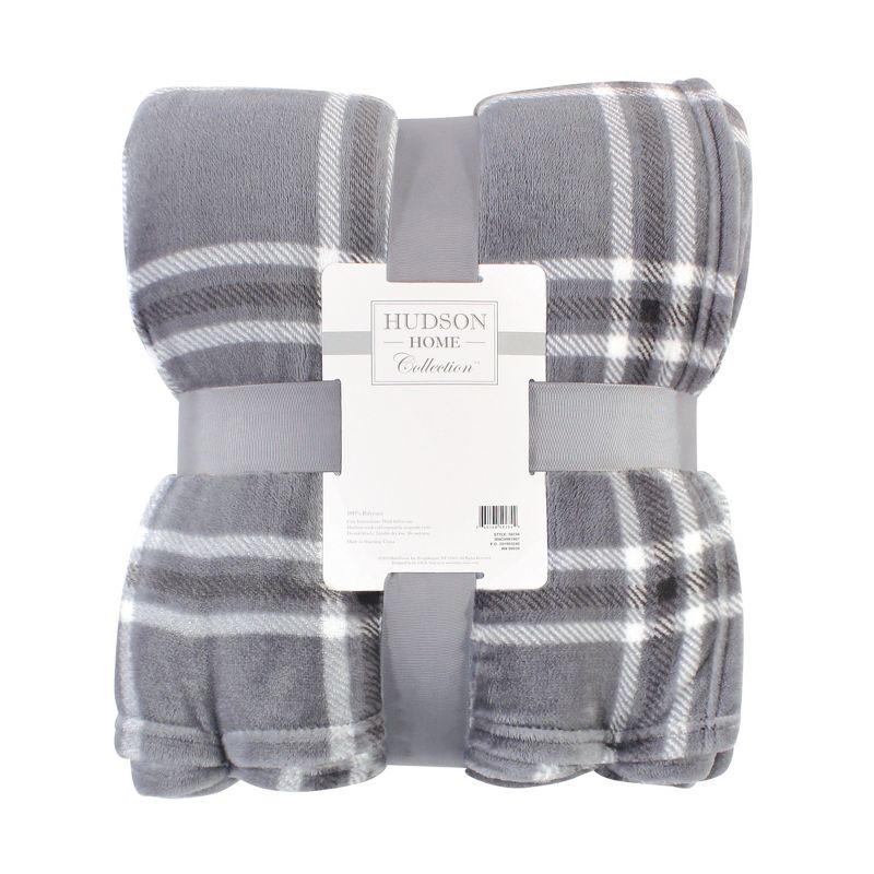 Hudson Home Collection Home Silky Plush Blanket, Gray Charcoal Plaid Fleece, 60X80 In. (Oversize Throw)