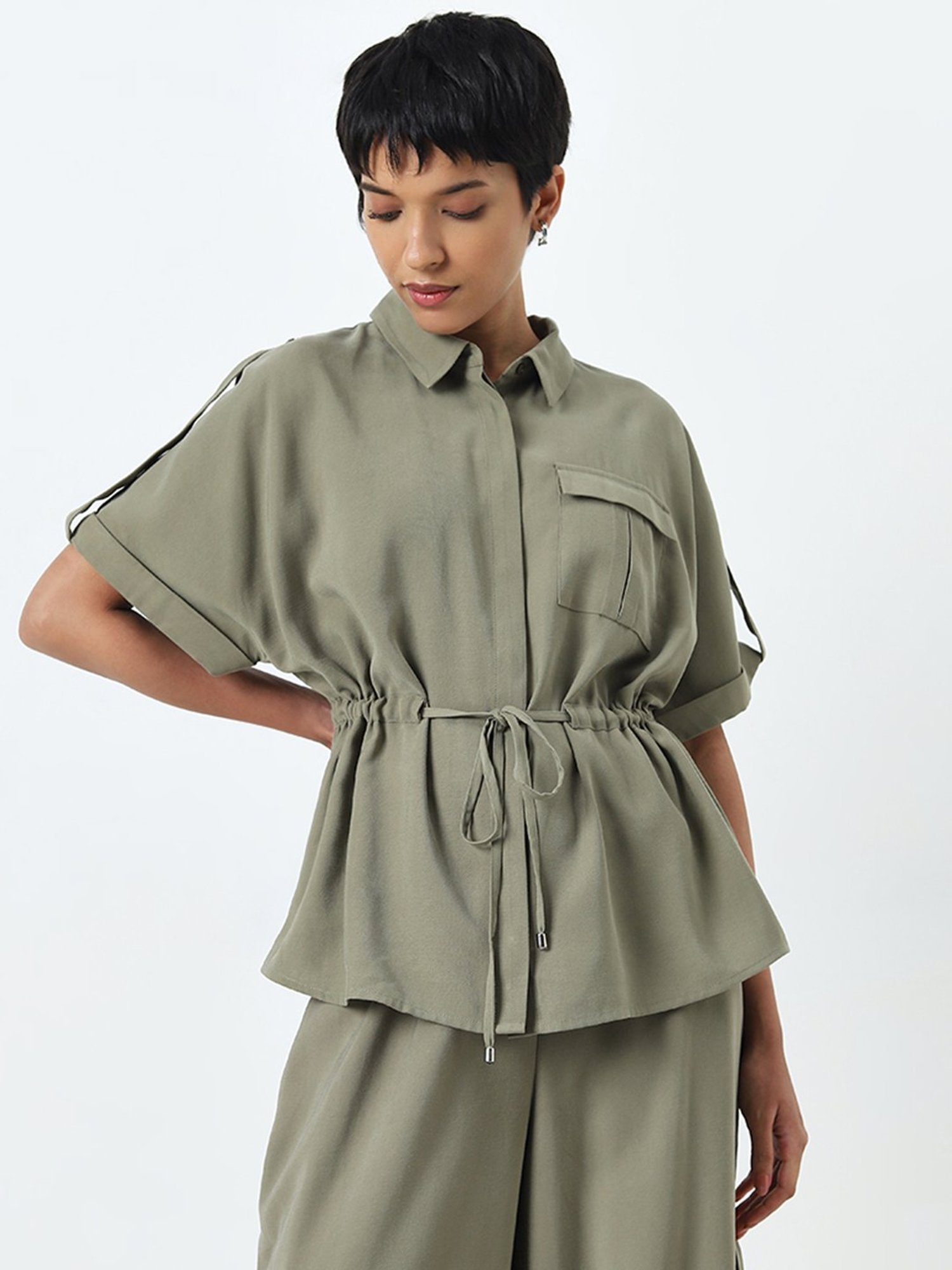 LOV by Westside Olive Solid Knot-Detailed Top