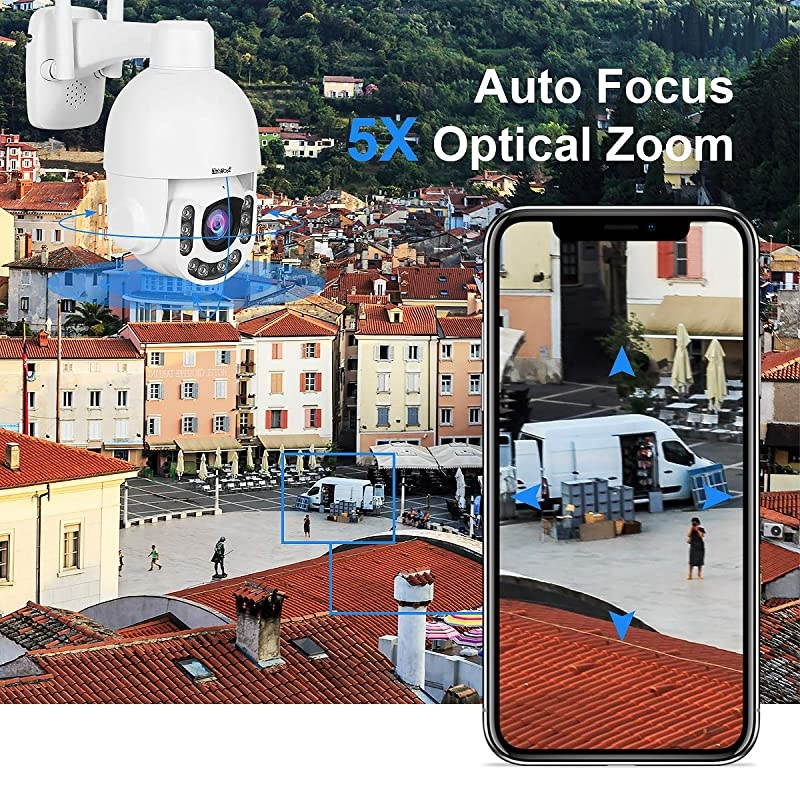 PTZ WiFi Camera Outdoor, Super HD IP Camera, 5X Zoom Security Camera, 200ft Night Vision, 2-Way Audio, Motion Detection Alarm, IP66 Waterproof, Support ONVIF, 128G SD Card Slot, Auto-Tracking