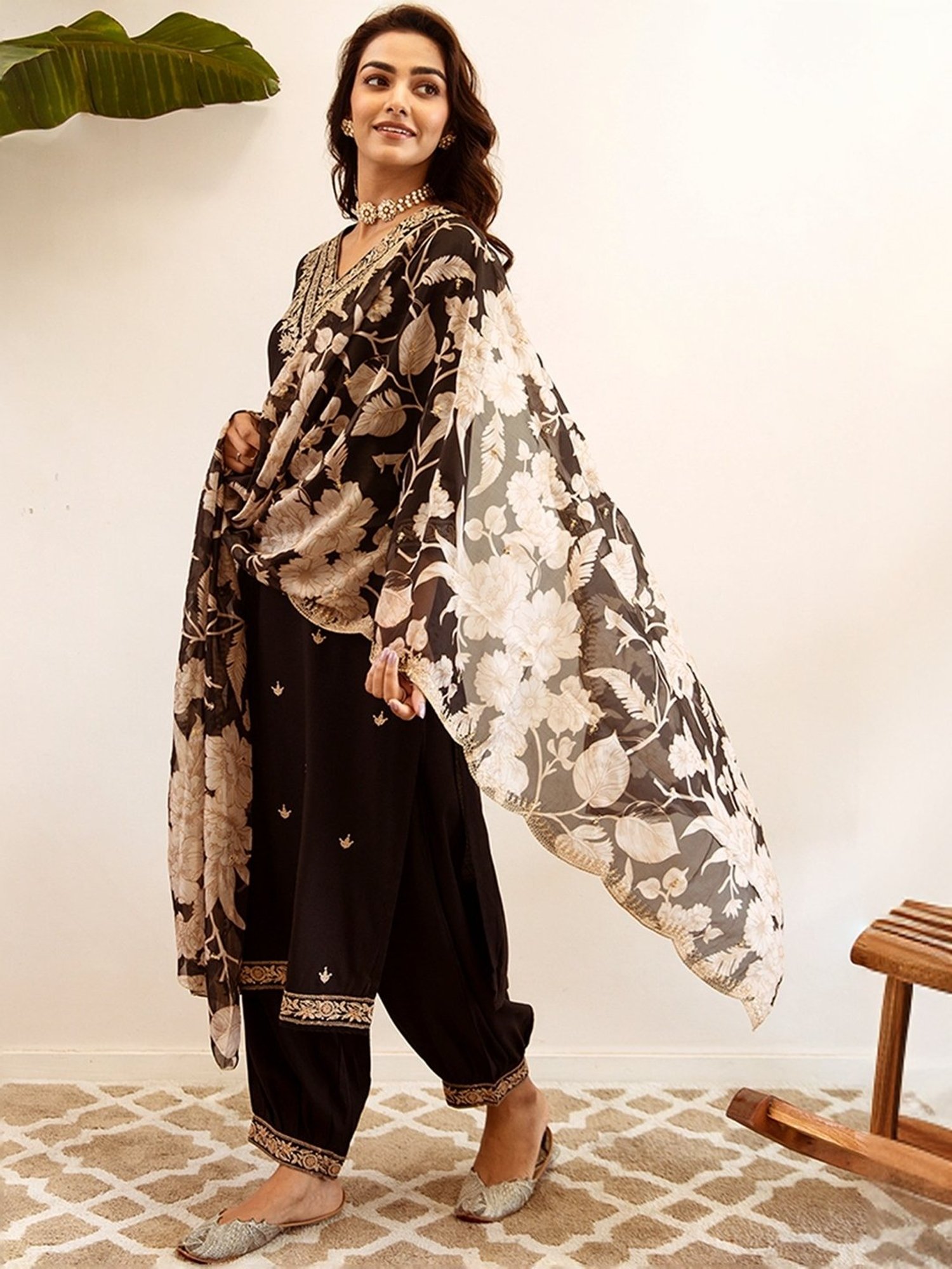 Indo Era Black Embroidered Kurta Salwar Set With Dupatta