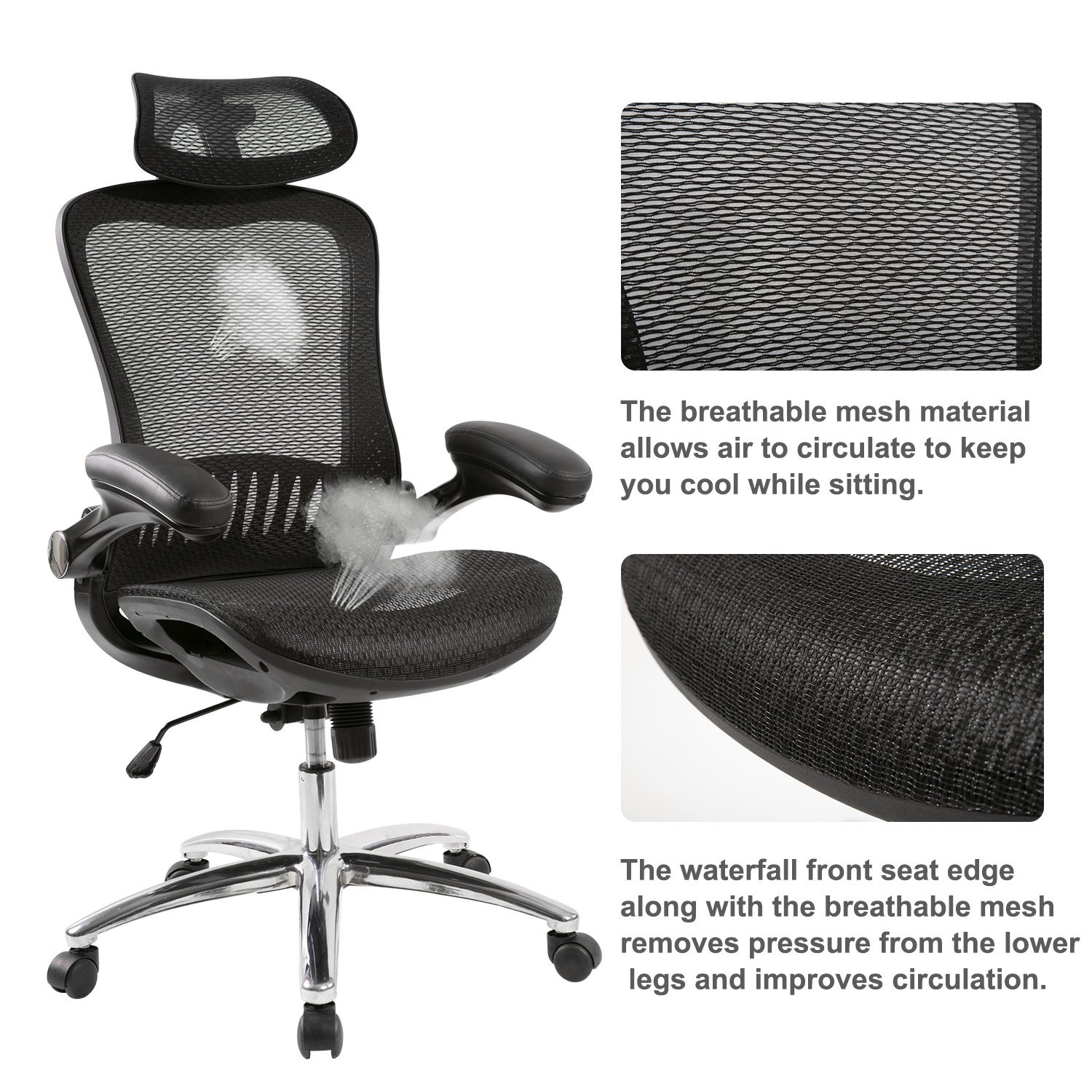Adjustable office Chair Ergonomic Mesh Chair Computer Chair Home Executive Desk Chair Comfortable Reclining Swivel Chair High Back with Wheels and Adjustable Headrest Black