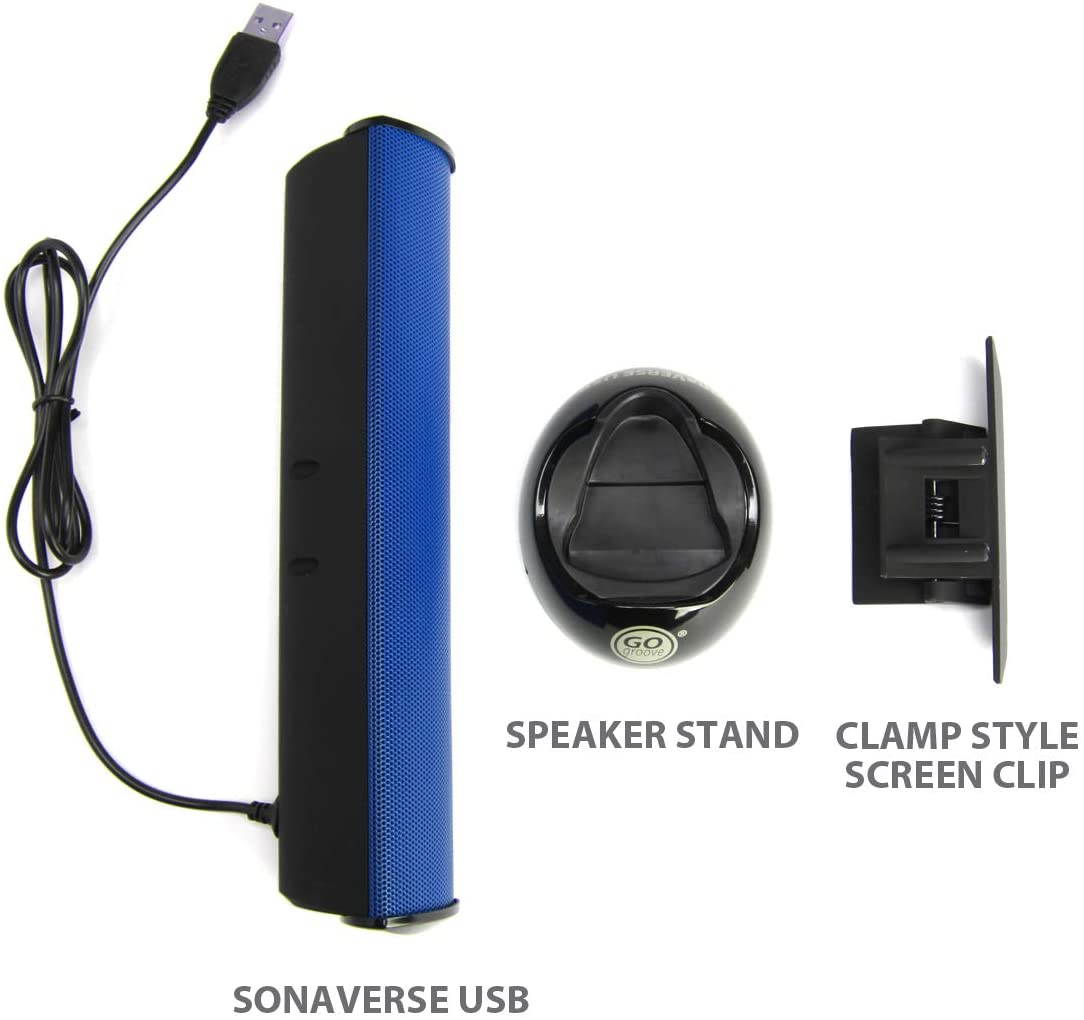 GOgroove SonaVERSE USB Speakers for Laptop Computer - USB Powered Mini Sound Bar with Clip-On Portable External Speaker Design for Monitor, One Cable for Digital Audio Input and Power (Blue)