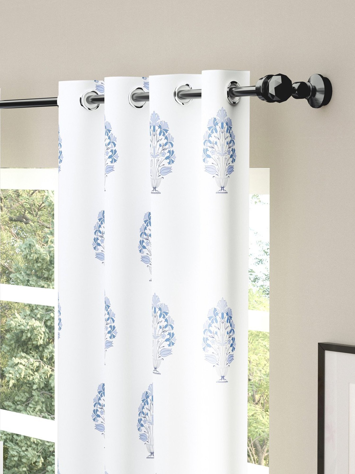 Haus & Kinder Printed Blue Cotton 7 FT Door Curtains - Set of 2