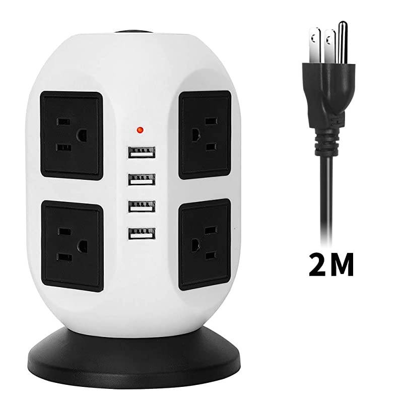Power Strip Tower Surge Protector Electric Charging Station 2500W 10ASmart Extension Lead Socket 2M556ft Overload Protection 8 outlets and 4 USB Ports Universal SocketWhite