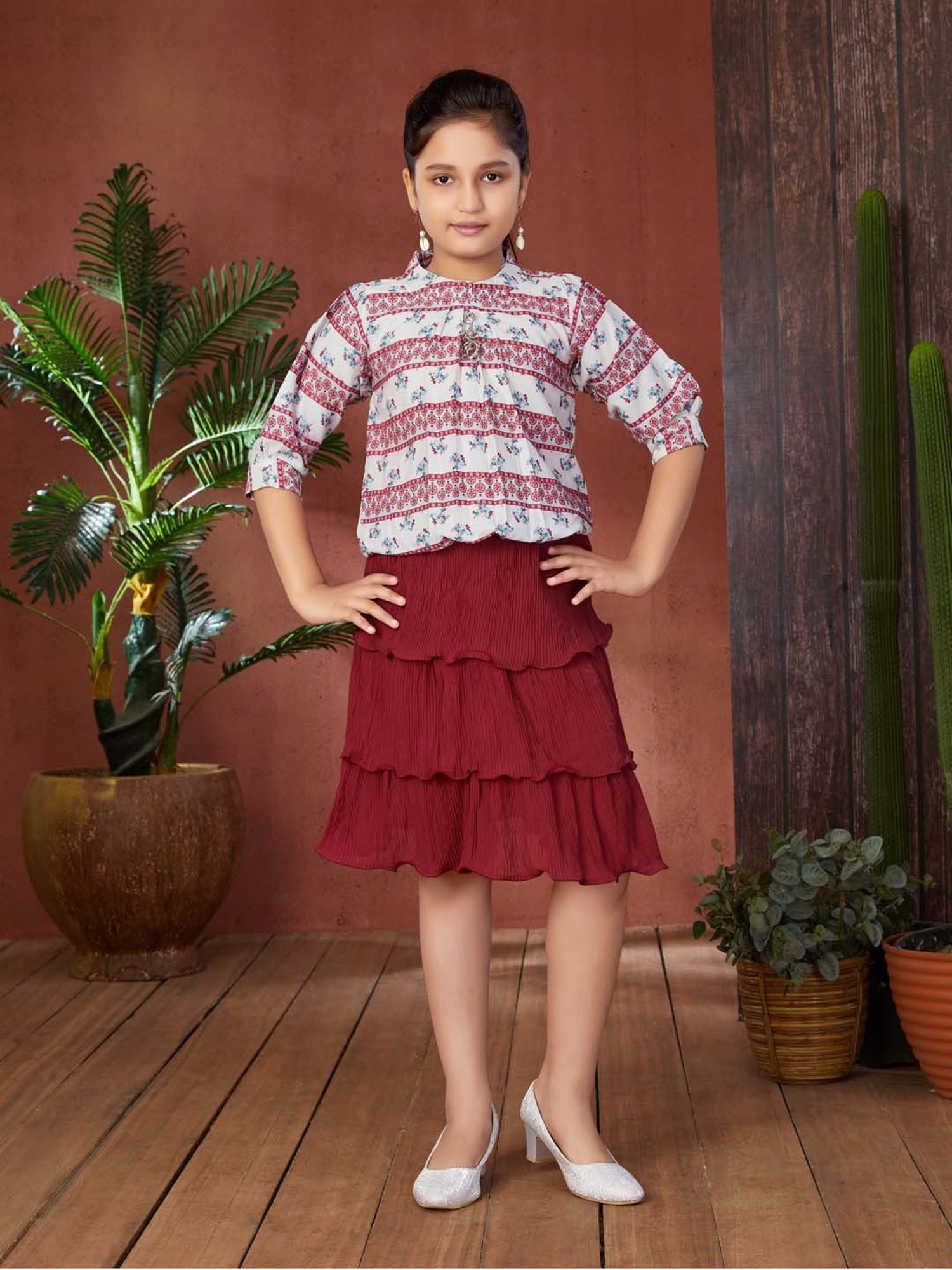 Aarika Girls Off White & Maroon Printed Top with Skirt
