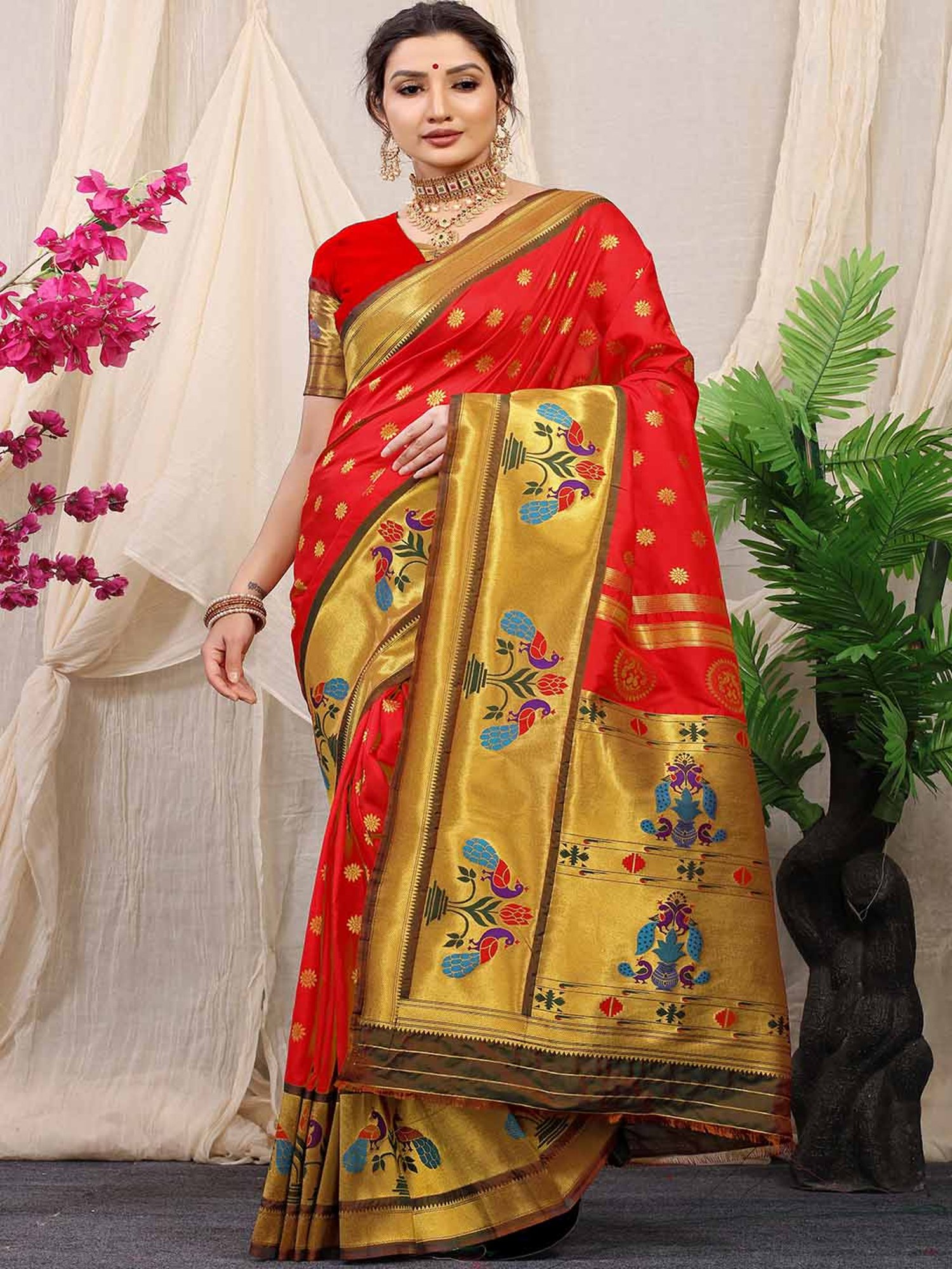 SHUBHKALA Red Silk Woven Saree With Unstitched Blouse