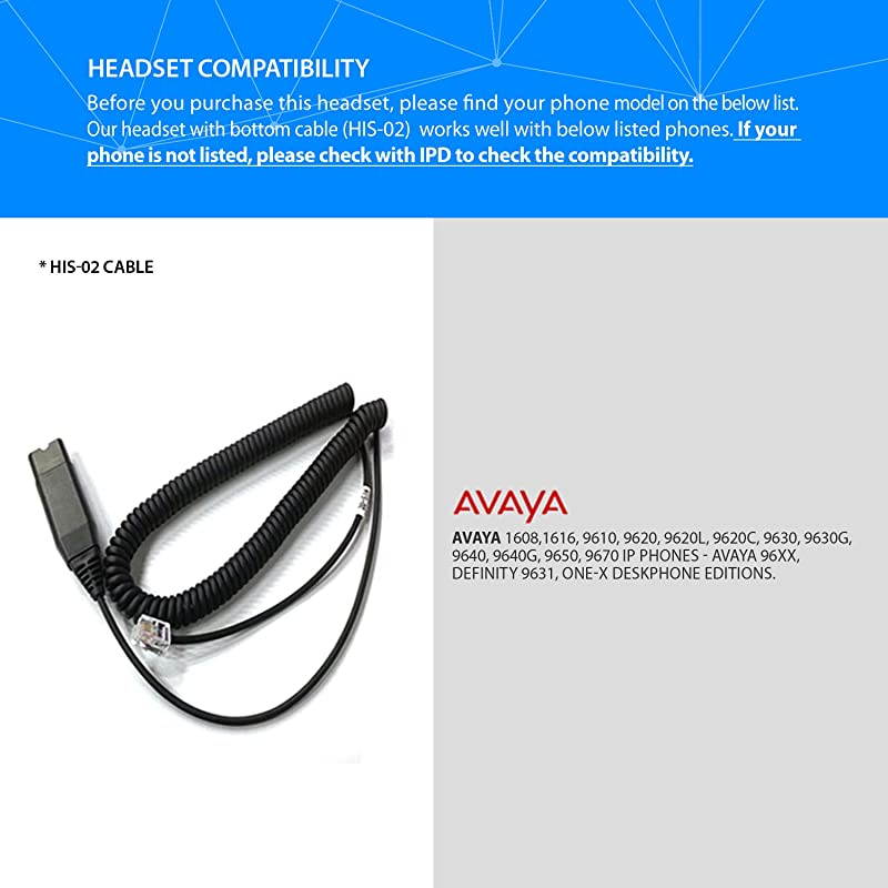 IPH160 Monaural Noise cancelingCorded Headset with HIS02 Cable for Avaya IP16081616 9610 9620 9620L 9620C 9630 9630G 9640 9640G 9650 9670 Phones