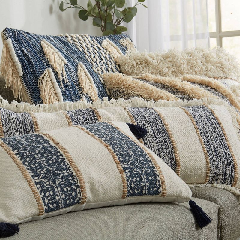 20"x20" Tufted Striped Diagonal Patterned Square Throw Pillow Blue - Patina Vie