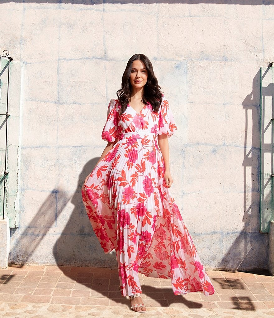 Kensie Puff Sleeve Floral Printed Chiffon Maxi Dress