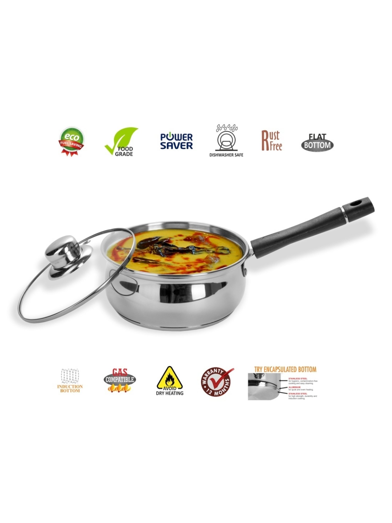 Sumeet Stainless Steel Induction Bottom  Belly Shape Casserole No. 10 (1.5 Ltr) with Glass Lid
