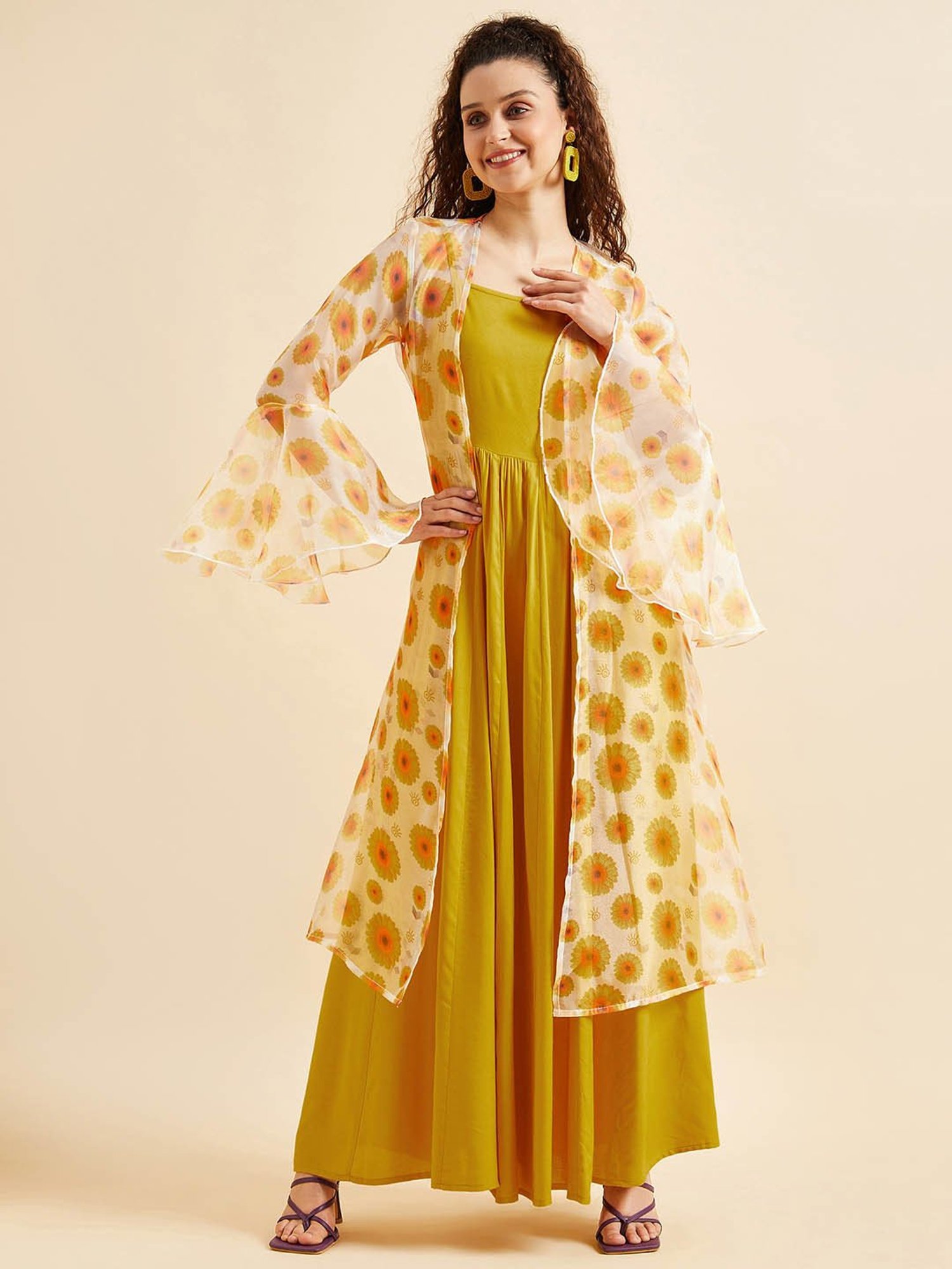 PANIT Yellow Printed Ethnic Dress With Shrug