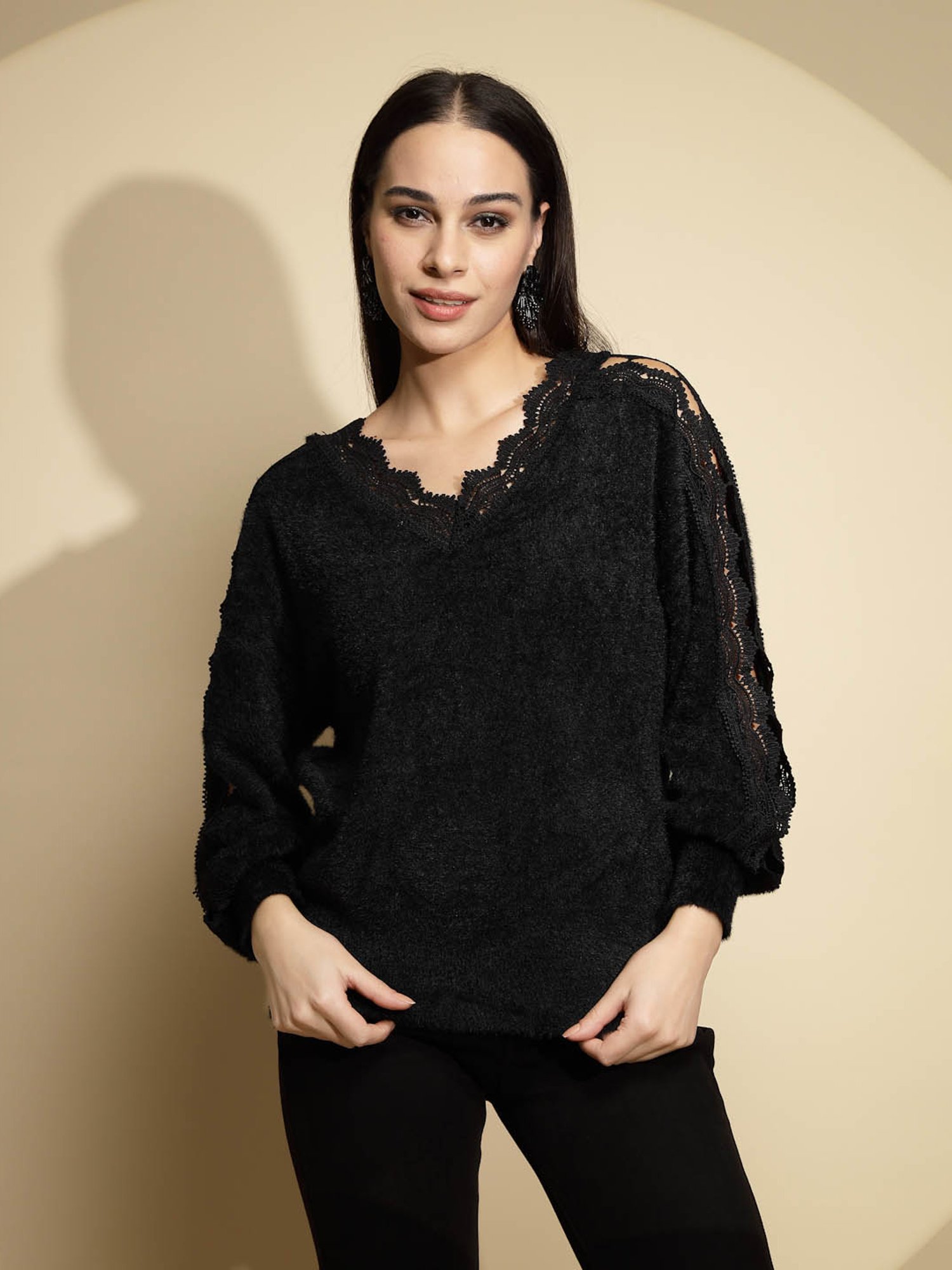 Global Republic Black Acrylic Lace Pullover