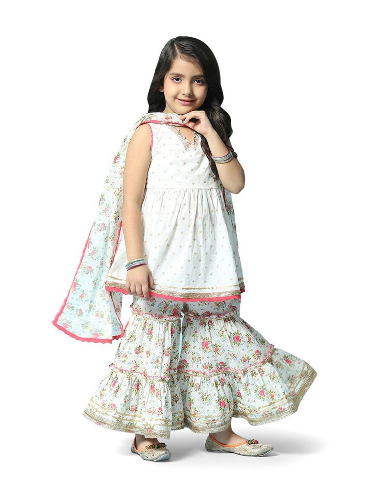 Biba Girls Off-White & Pink Cotton Printed Kurta Set