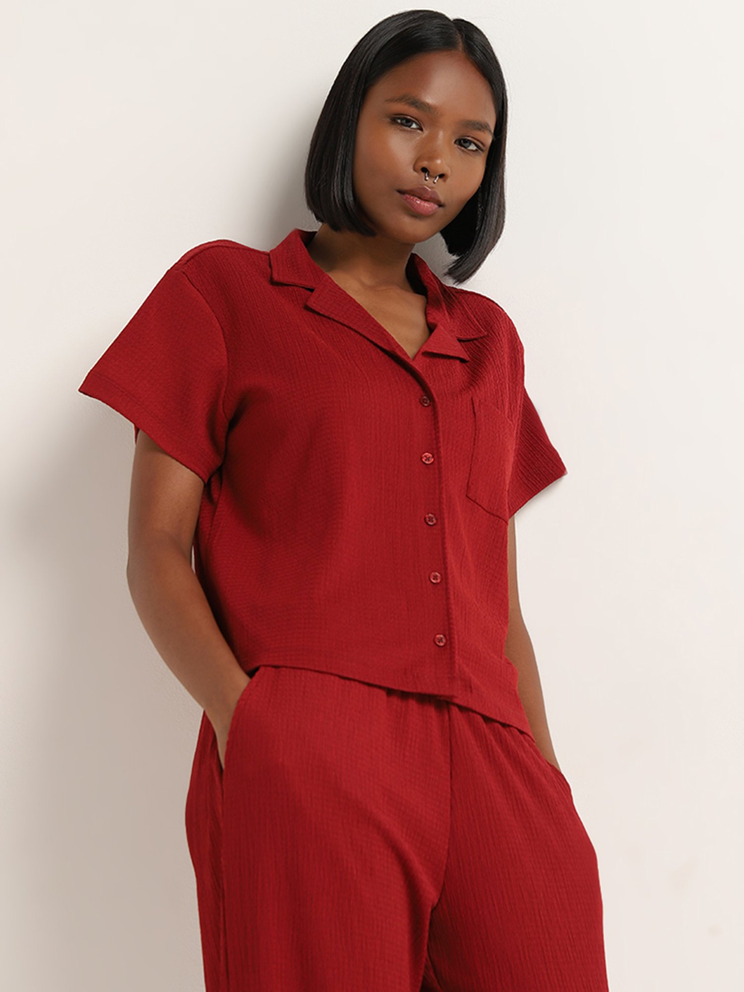 Superstar by Westside Red Crinkle-Textured Shirt