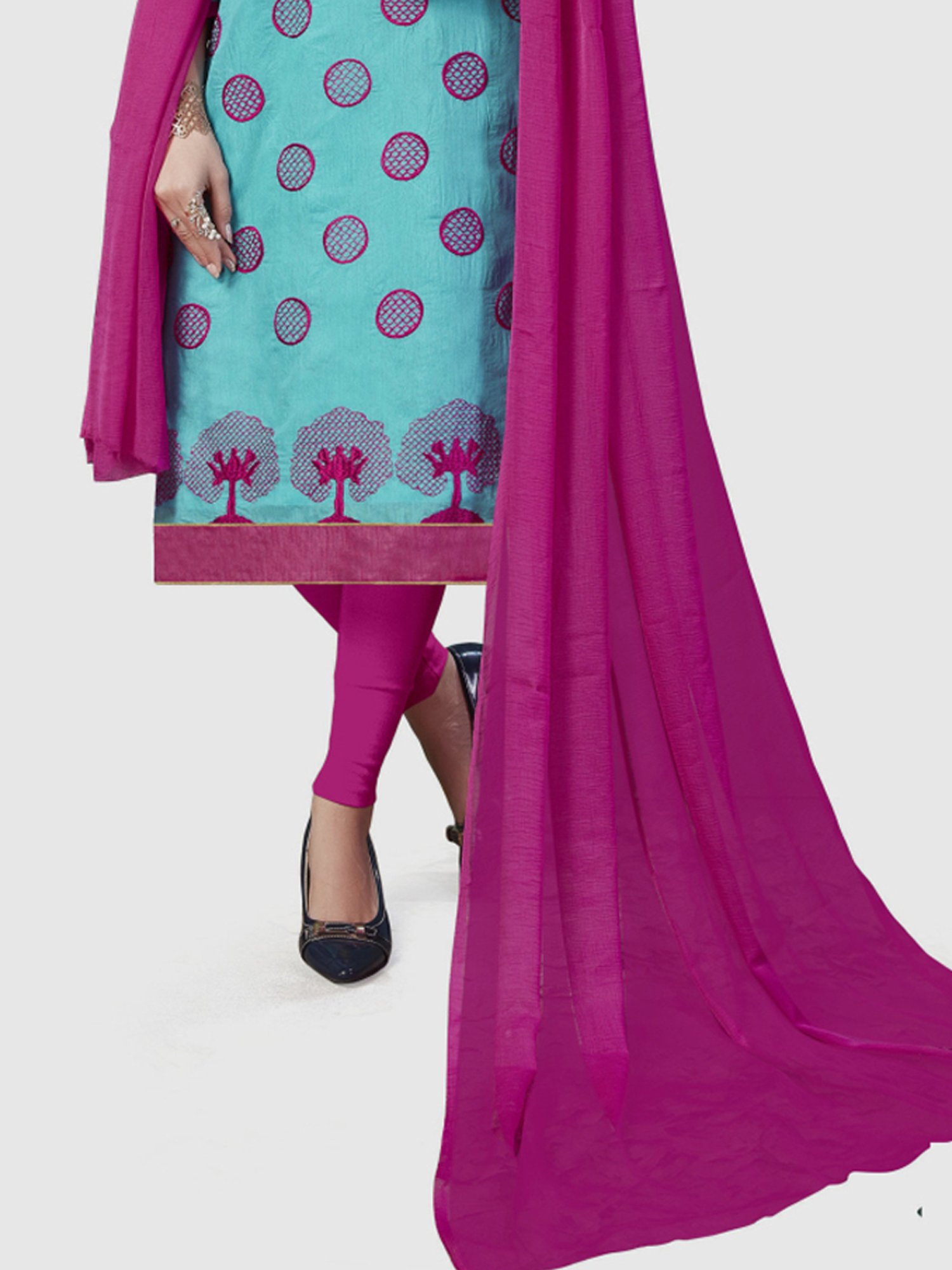 APNISHA Blue & Pink Embroidered Unstitched Dress Material