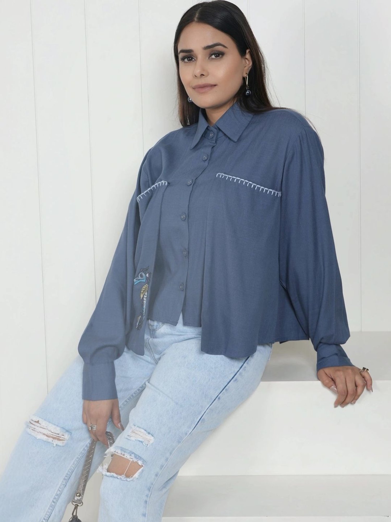 Kaftanize Blue Crop Linen Slit Back Shirt with Thread Work Embroidery