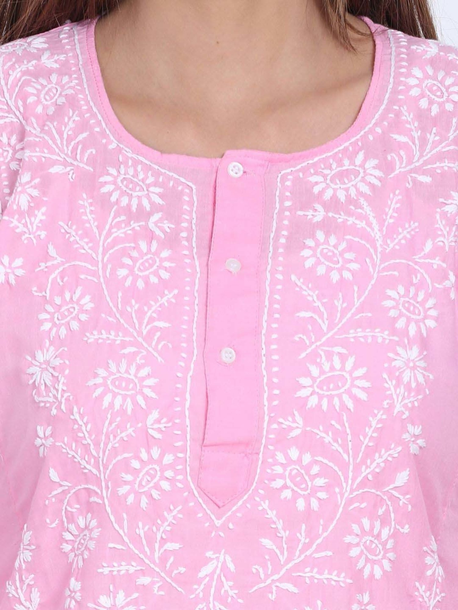 PARAMOUNT CHIKAN Pink Cotton Chikankari Straight Kurti