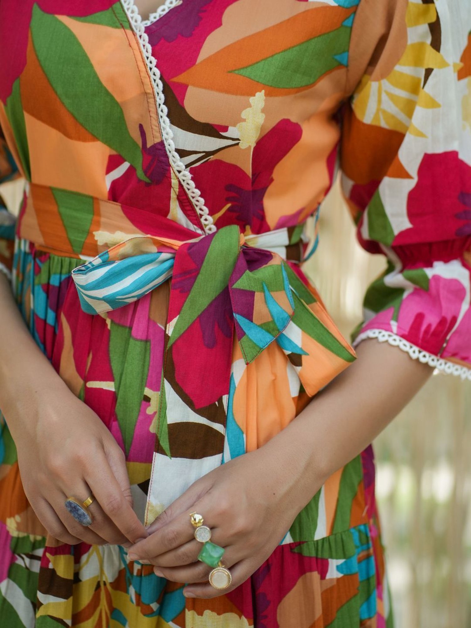 Rain and Rainbow Multicolored Cotton Floral Print A-Line Dress
