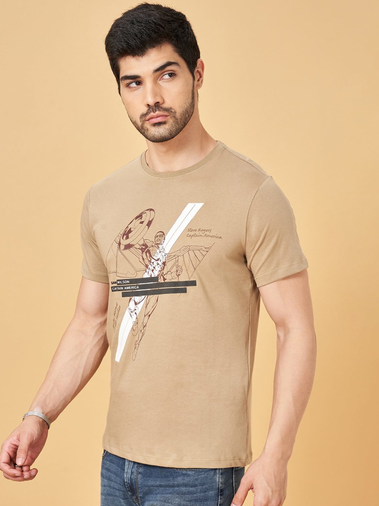 Sf Jeans By Pantaloons Ecru Cotton Slim Fit Printed T-Shirt