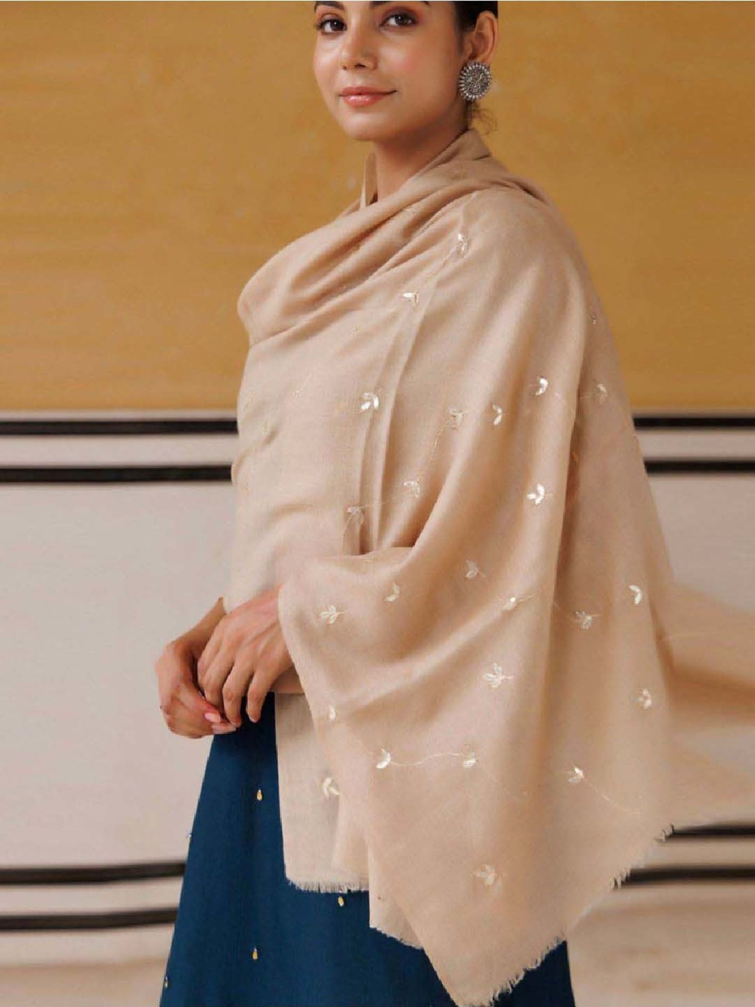 Geroo Jaipur Beige Hand Embroidered Gota Patti Woolen Shawl