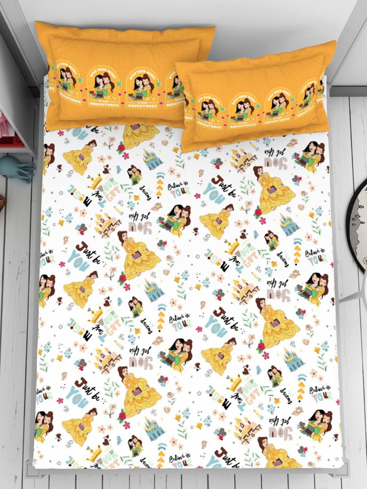 Welspun Disney Princess Printed Yellow 144 TC Cotton Double Bedsheet With 2 Pillow Covers