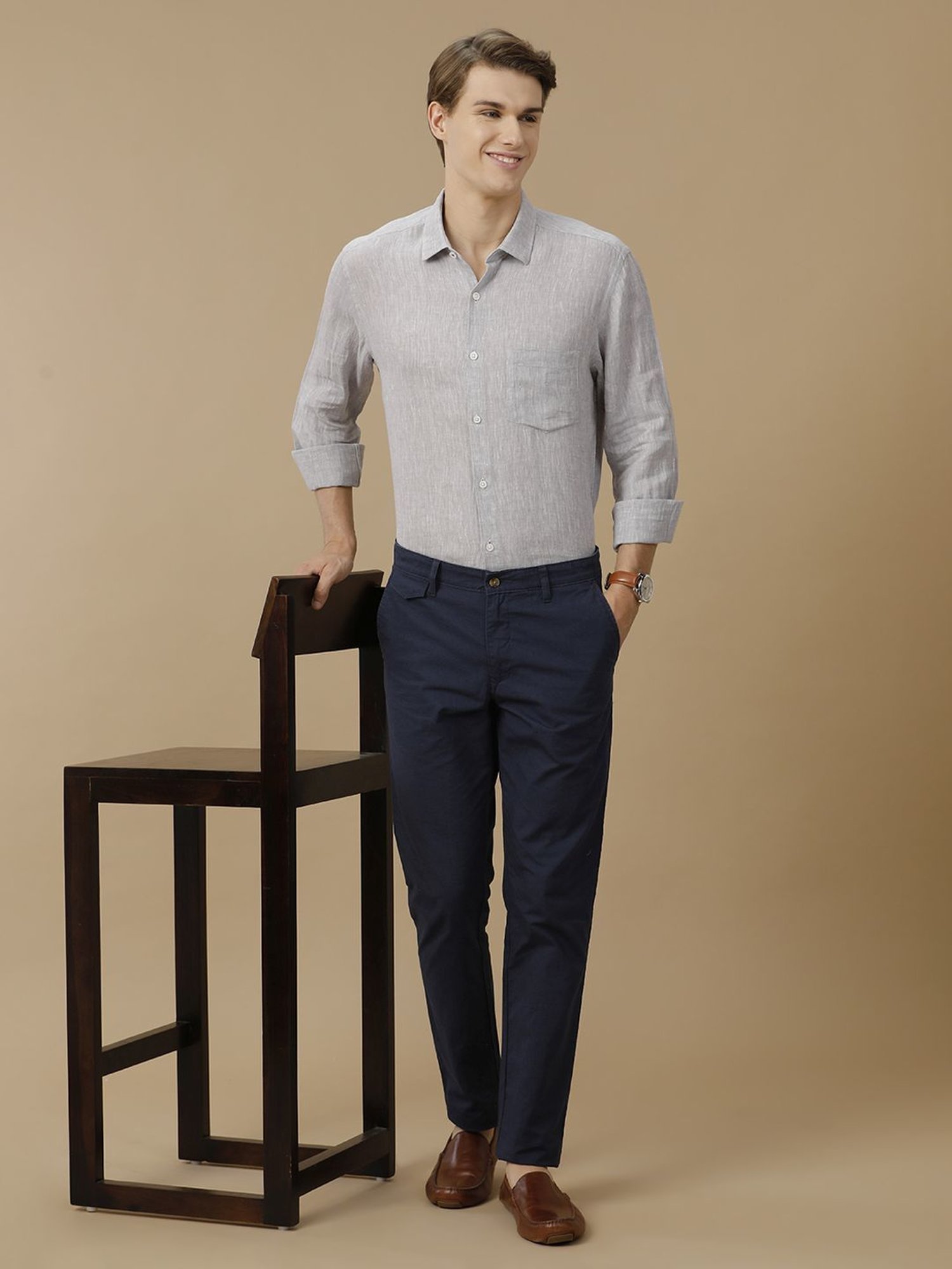 Linen Club Grey Linen Contemporary Fit Texture Shirt