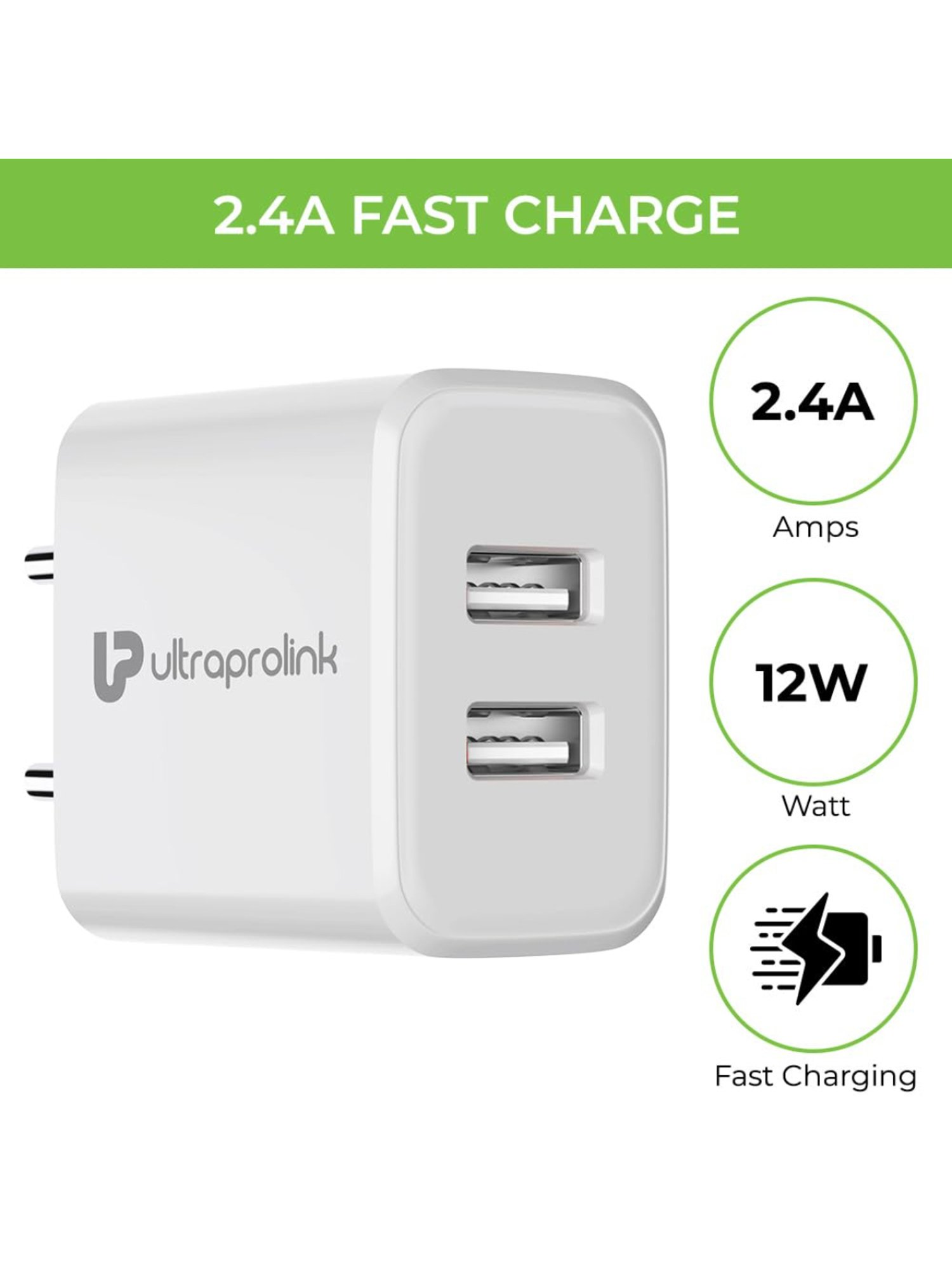 UltraProlink Boost12 UM1156M 2.4A 12W Dual USB Fast Charging Wall Charger (White)