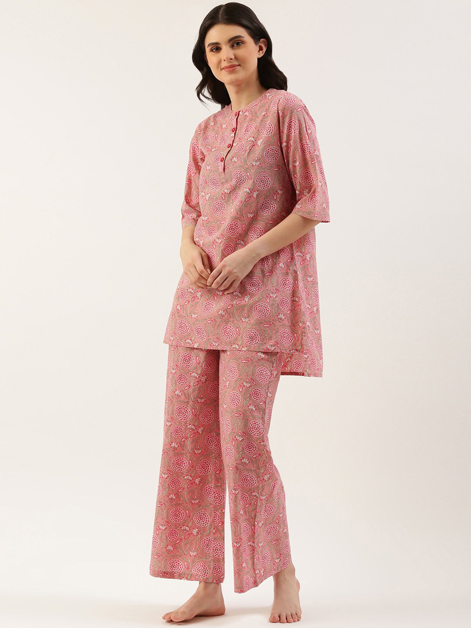Clt.s Pink Cotton Floral Print Kurta With Palazzos