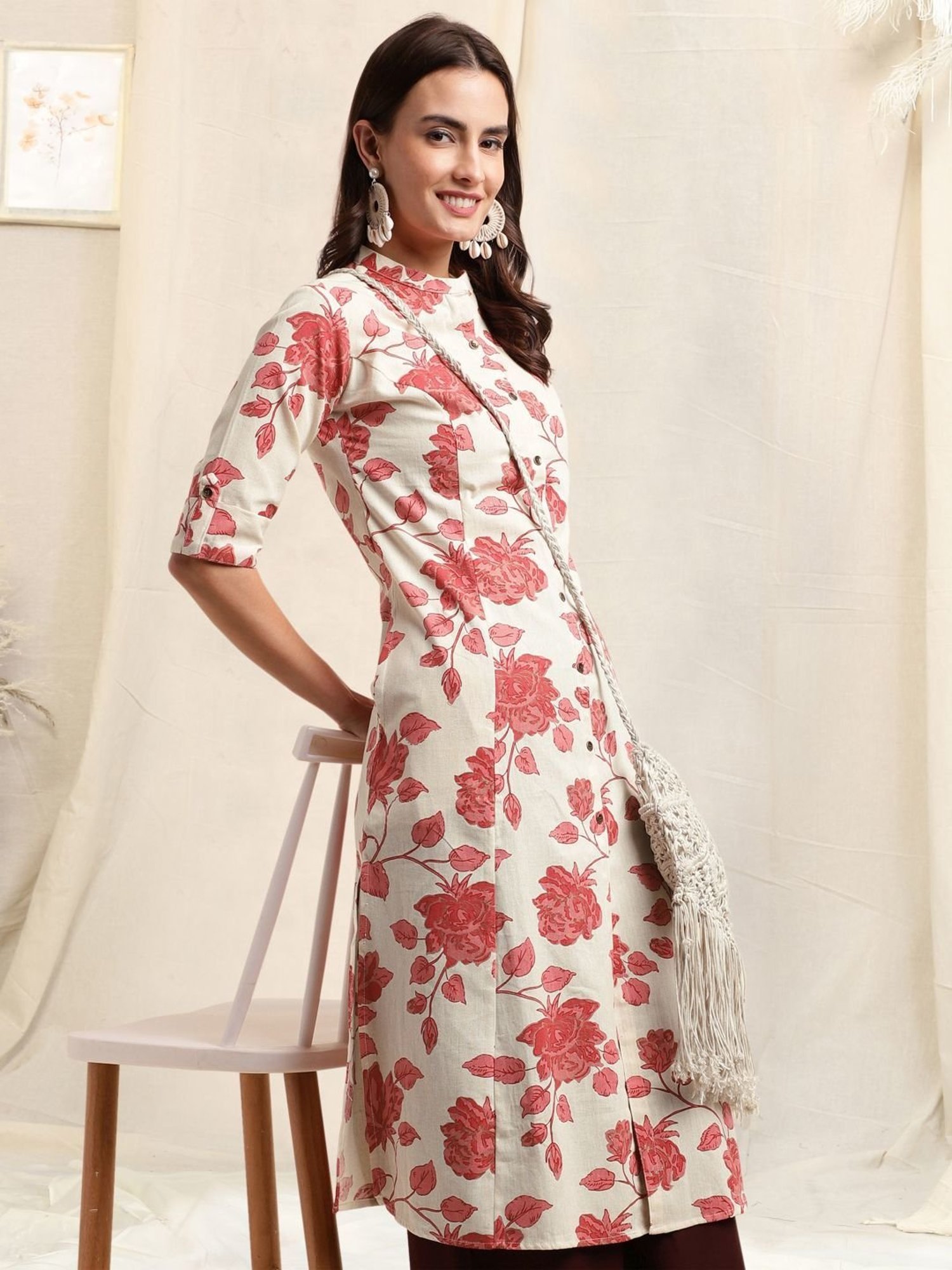 MIRCHI FASHION Beige Cotton Floral Print Straight Kurta