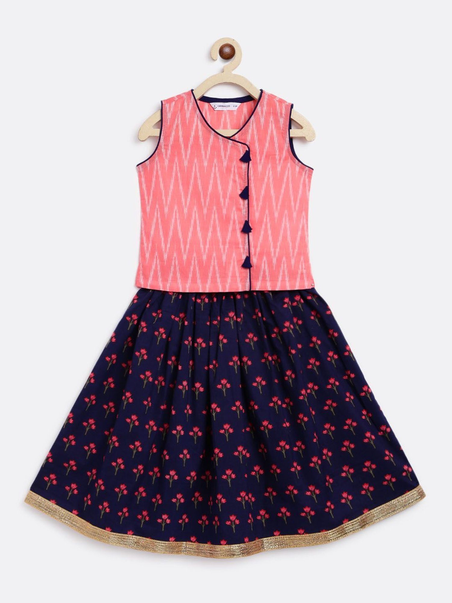 Campana Kids Pink & Navy Floral Print Lehenga with Choli