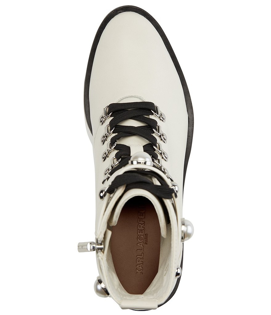 KARL LAGERFELD PARIS Perry Pearl Stud Leather Combat Booties