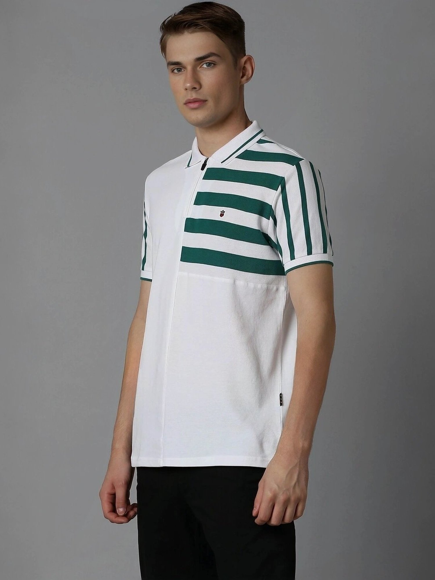Louis Philippe White Cotton Slim Fit Striped Polo T-Shirt
