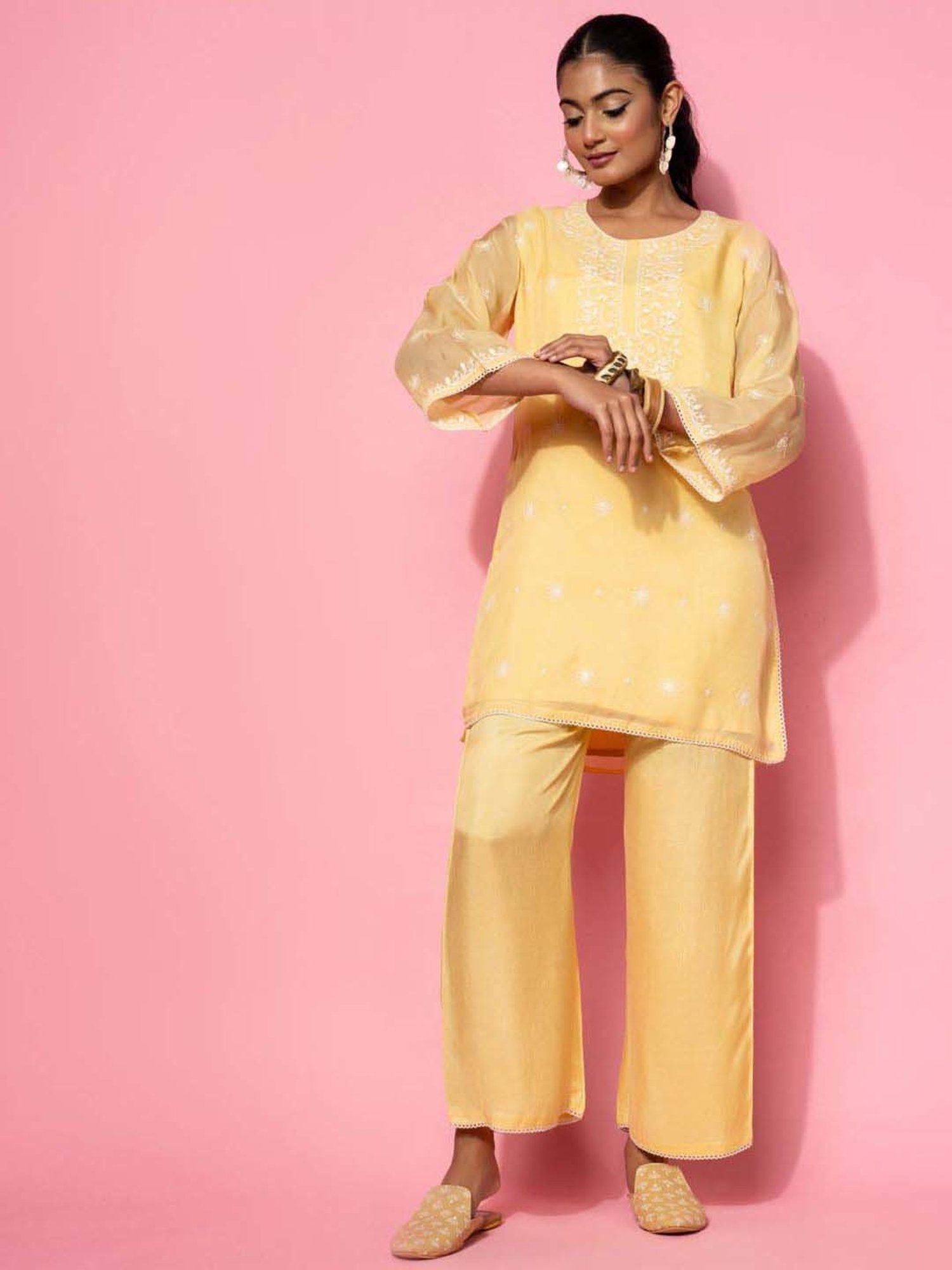 Libas Yellow Embroidered Silk Blend Co-Ords