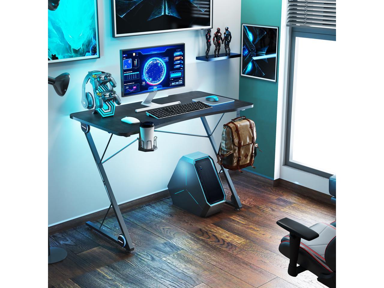 43 Inch Gaming Desk Racing Style PC Computer Desk Z-shaped Table Home Office Desk with Large Carbon Fiber Surface, Free Mouse Pad, Headphone Hook, Gaming Handle Rack and Cup Holder (Black)