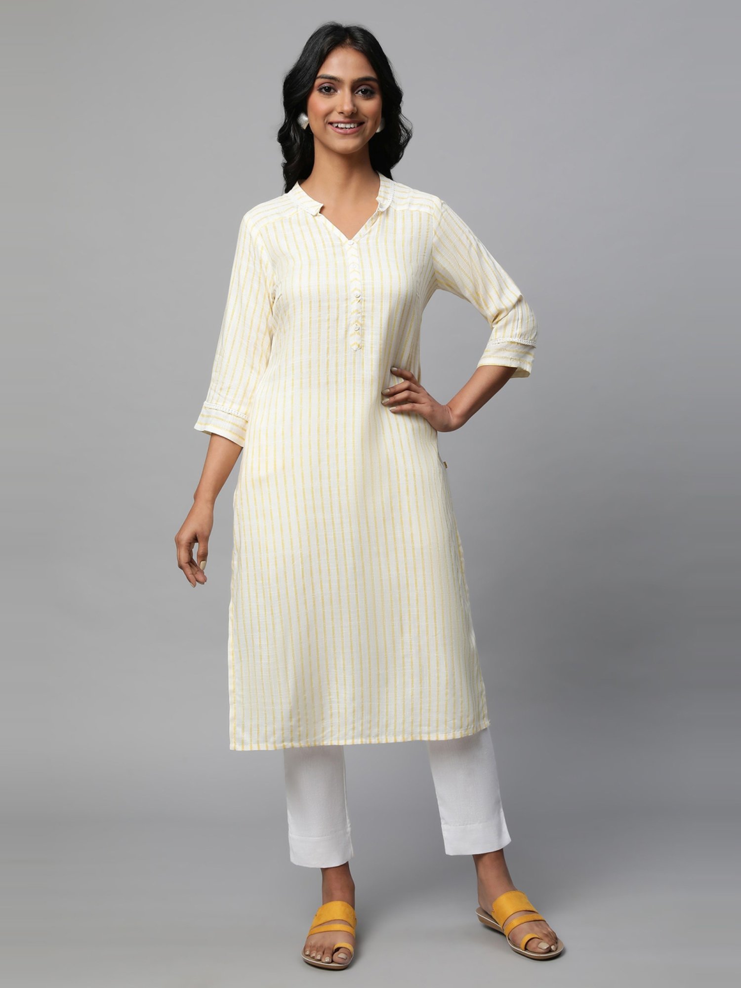 Aurelia Yellow & White Printed Kurta Pant Set