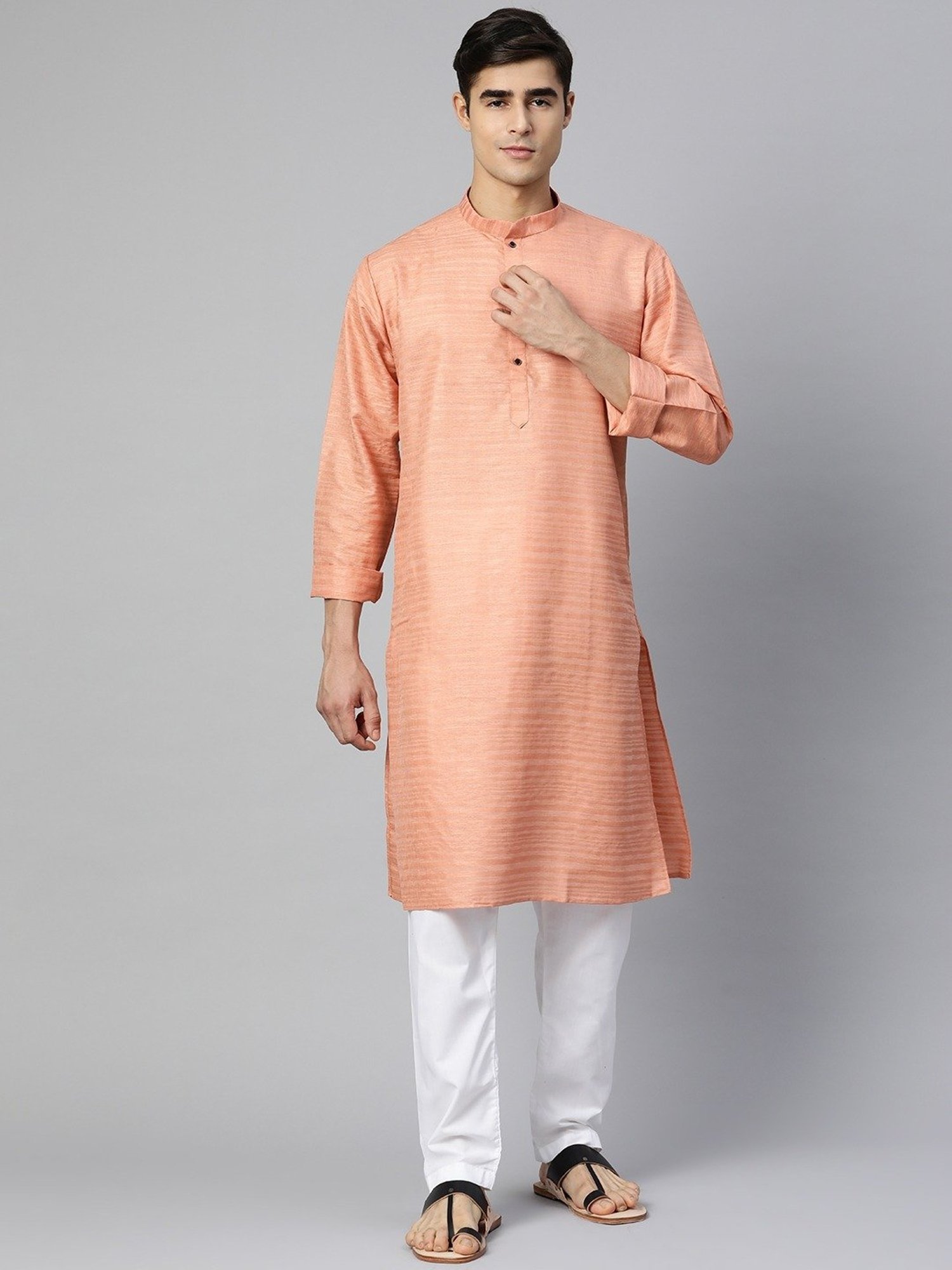 ManQ Peach & White Regular Fit Self Pattern Kurta Bottom Set