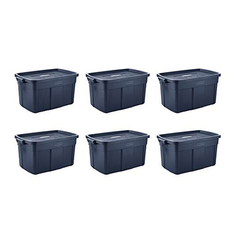Rubbermaid Roughneck 31 Gallon Rugged Storage Tote in Dark Indigo Metallic with Lid and Handles for Home, Basement, Garage, (6 Pack)