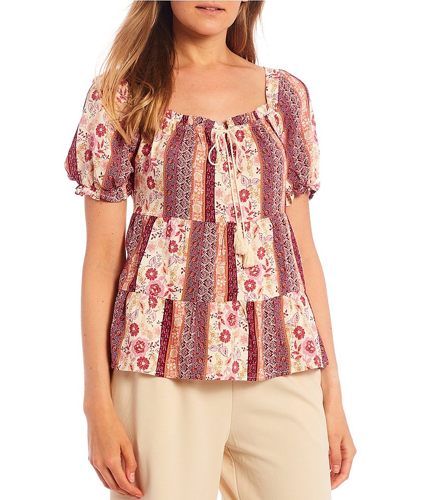 Love & Piece Flutter Short-Sleeve Scoop-Neck Patchwork Printed Tiered Peasant Top