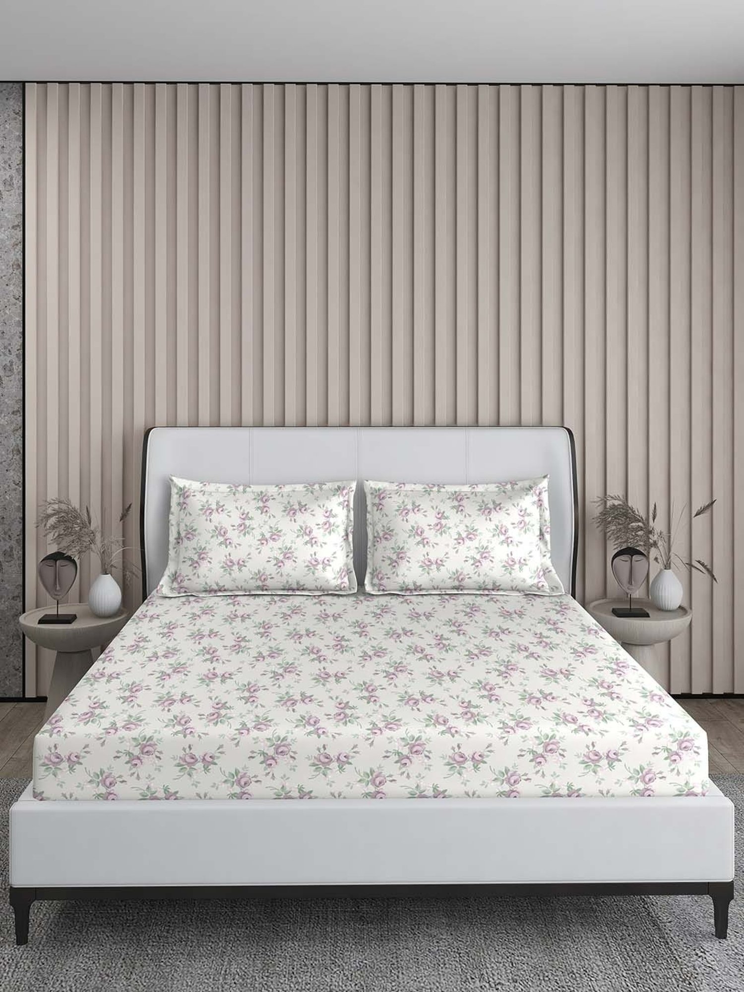 Boutique Living Regent Park Floral Purple 200 TC Cotton Blend King Bed Sheet with 2 Pillow Covers