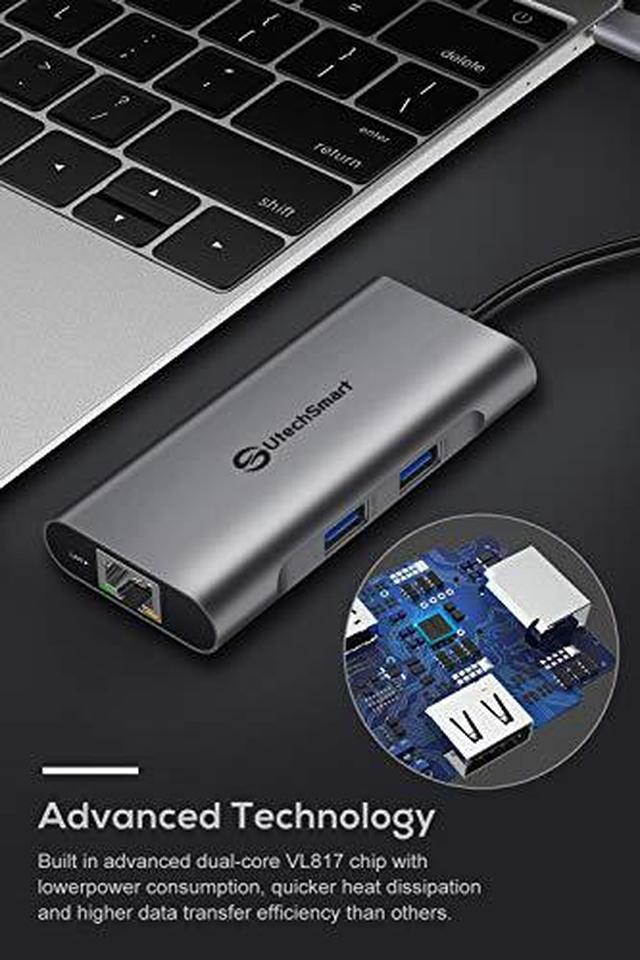 USB C Hub, UtechSmart 6 In 1 USB C to HDMI Adapter with 1000M Ethernet, Power Delivery Pd Type C Charging Port, 3 USB 3.0 Ports Adapter Compatible for MacBook Pro, Chromebook, XPS, and USB C devices