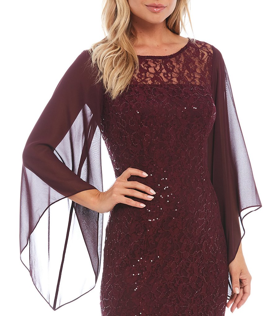 Ignite Evenings Round Illusion Neck 3/4 Sleeve Capelet Overlay Sleeve Sequin Lace Mermaid Gown