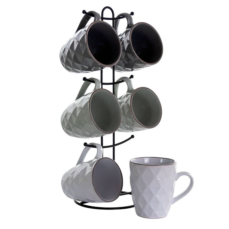 12oz 6pc Porcelain Diamond Waves Assorted Mug Set with Stand - Elama