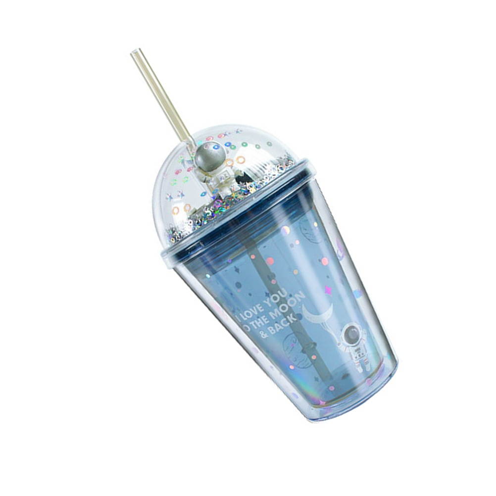 1pc Plastic Cup Cartoon Straw Cup Portable Double Layer Drinking Cup Creative Space Odyssey Pattern Bottles(380ml)