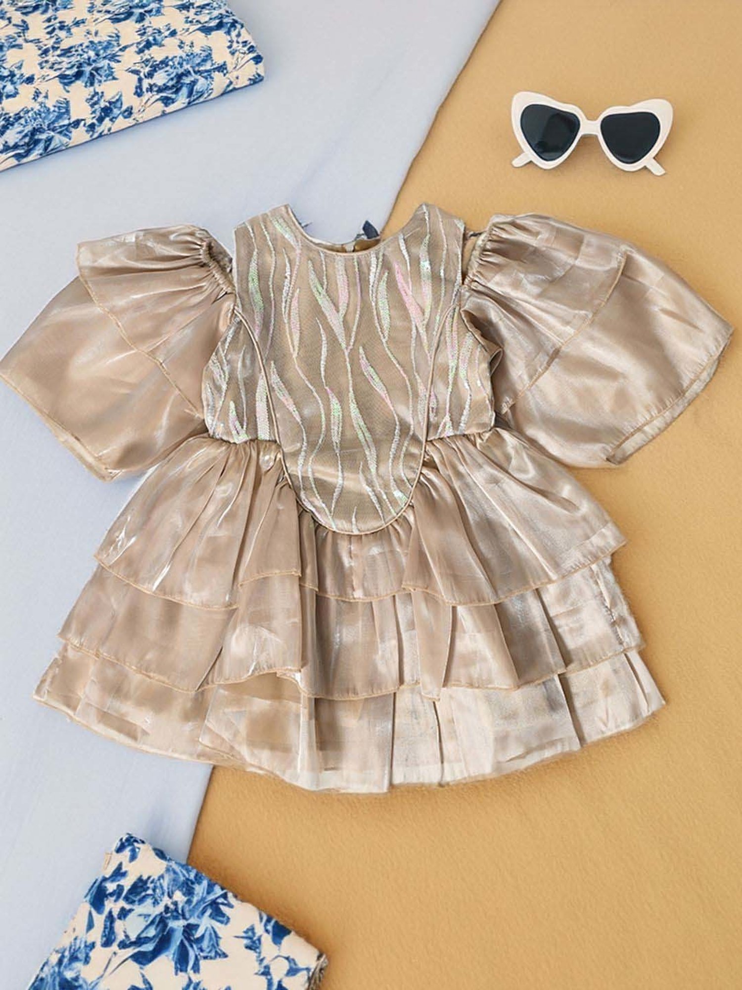 Bella Moda Kids Gold Self Pattern Dress