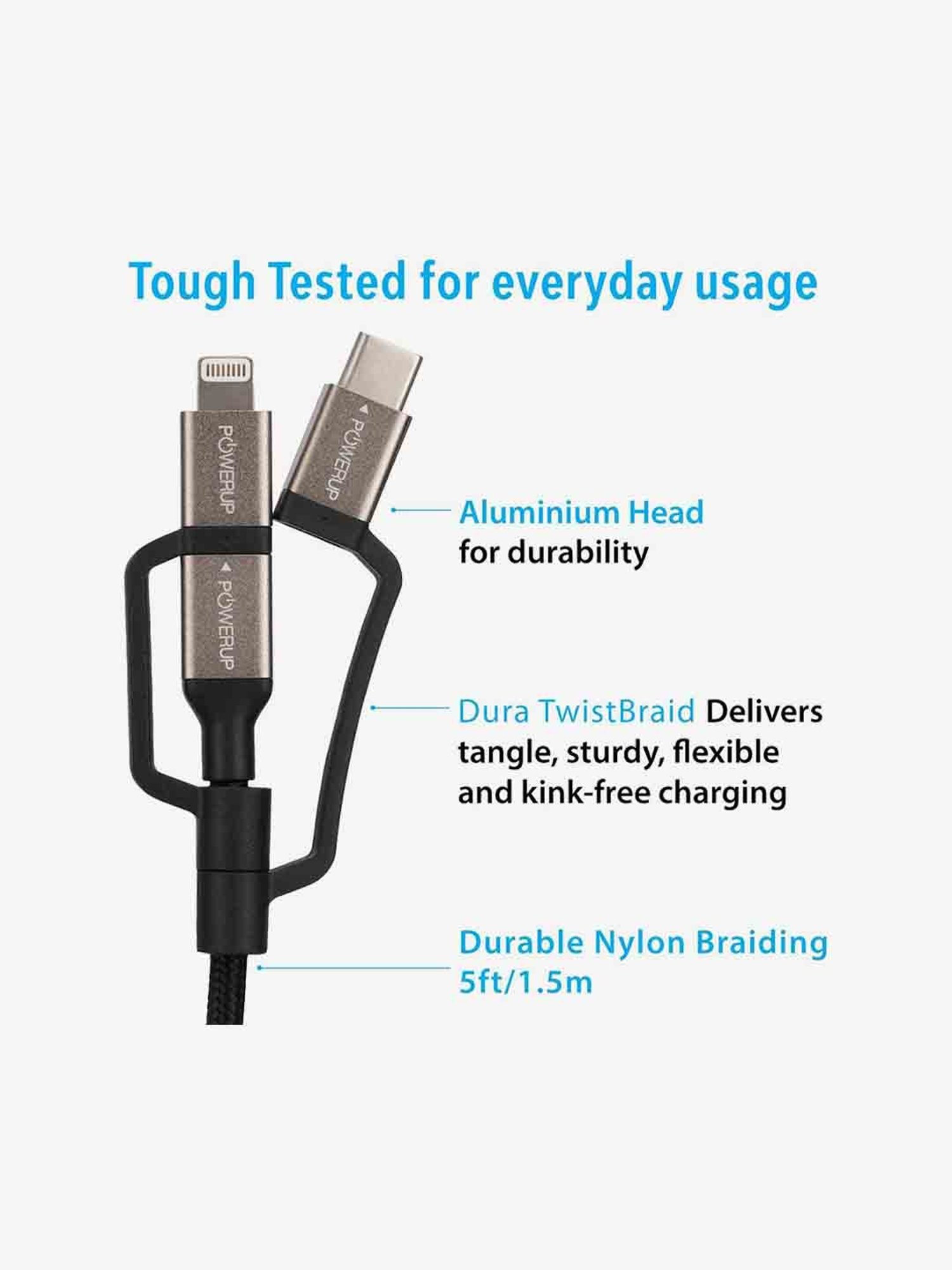 Powerup Stay Charged Usb To Lightning, Type C, Micro Apple Mfi Certified 1.5M (Black)