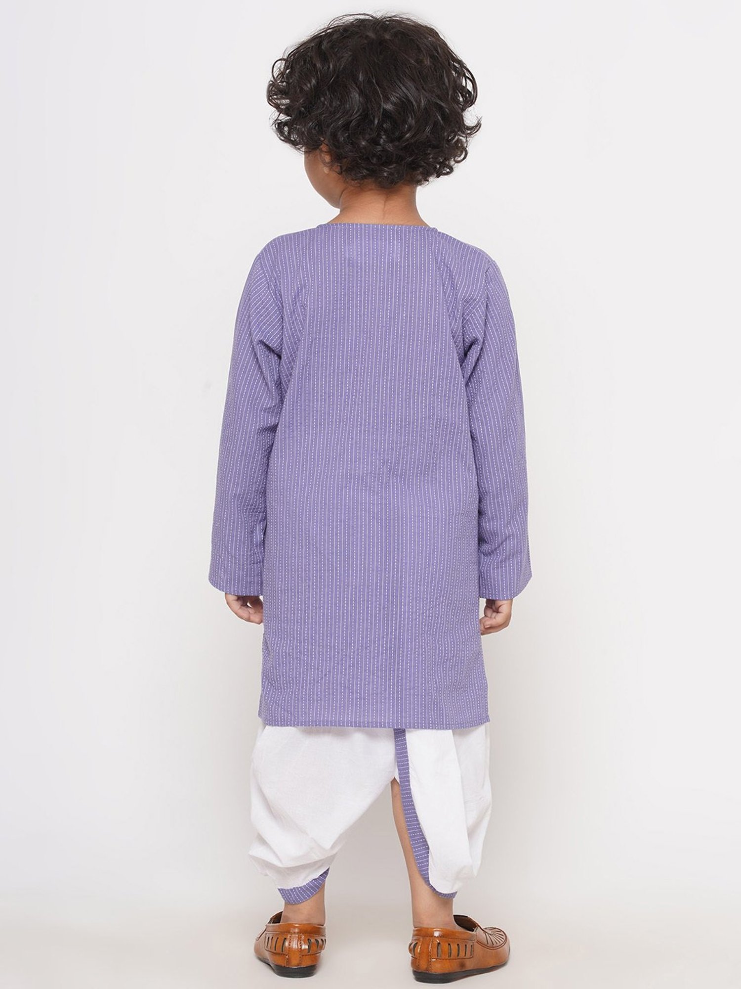 Little Bansi Kids Light Purple & White Striped Full Sleeves Kurta with Dhoti